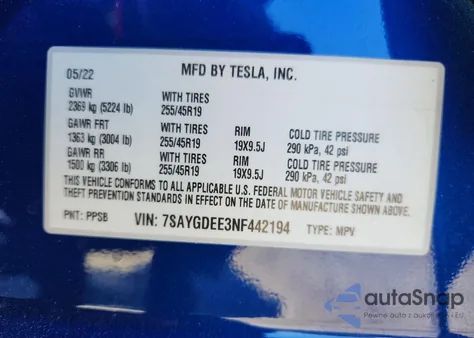 2022 Tesla Model Y из США, поврежденный, VIN 7SAYGDEE3NF442194